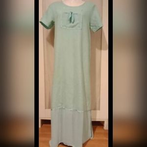 Christine Damen - Vintage light blue linen long maxi dress -  crew neck,  short
